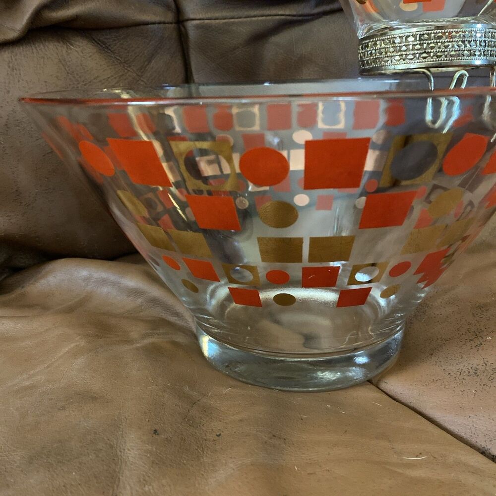 Vintage MCM Glass Shrimp Chip Dip Bowl Retro 50s Entertaining Atomic Red Gold - Picture 3 of 6